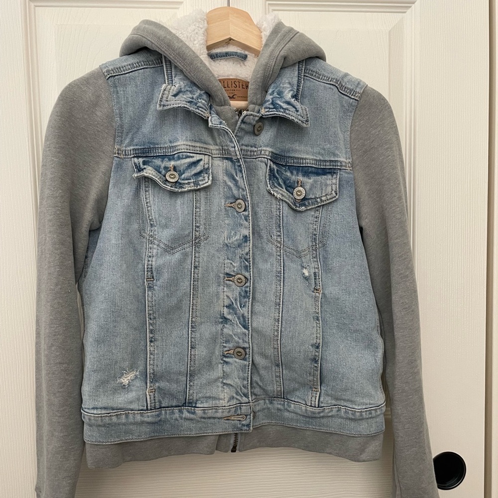 Hollister Blue and Gray Jean Jacket with Hood